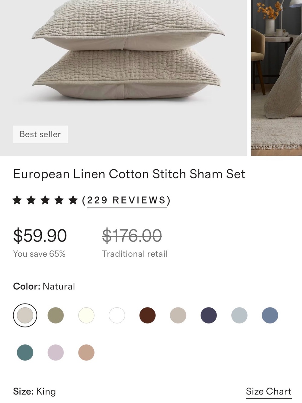 2 Quince KING size European Linen Cotton Stitch Sham Set NATURAL Color $59 FIRM - Picture 2 of 3